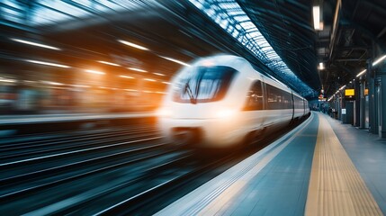 Speedy Modern Train Approaching Station in Blurred Motion with Bright Lights : Generative AI