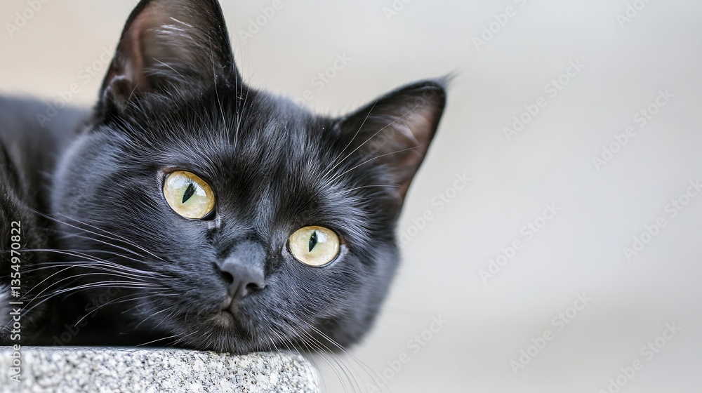 Poster Closeup of a black cat resting with striking green eyes showing curiosity and calmness : Generative AI
