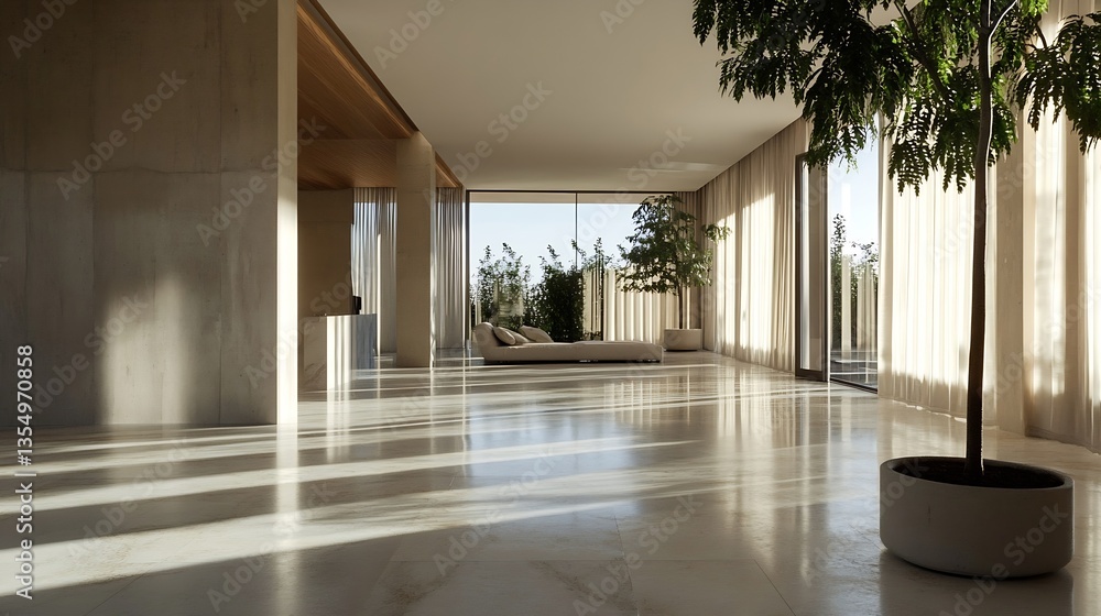 Poster modern minimalist interior design with large windows and natural light in a spacious room : generati