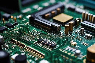 Close-up of a computer motherboard with various components.