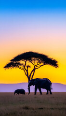 Fototapeta premium Silhouette of elephants and a hippo at sunset under an acacia tree