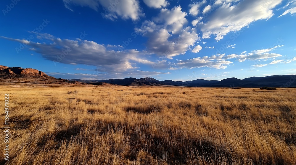 Poster expansive view of a golden grassland landscape under a dramatic sky with clouds and mountains in the