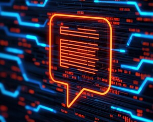 A vibrant digital interface featuring a glowing speech bubble icon against a backdrop of intricate data patterns and lines.