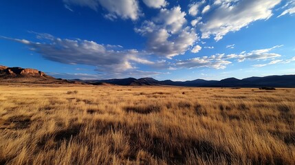 Expansive view of a golden grassland landscape under a dramatic sky with clouds and mountains in the distance : Generative AI