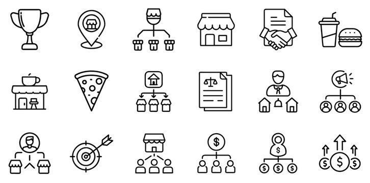 "Containing Franchise Line Icons Representing Franchise Business Models, Operations, and Franchisee Relationships in a Clean and Modern Linear Design"