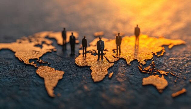 A creative representation of miniature figures on a world map, symbolizing global connections and business interactions under warm lighting.