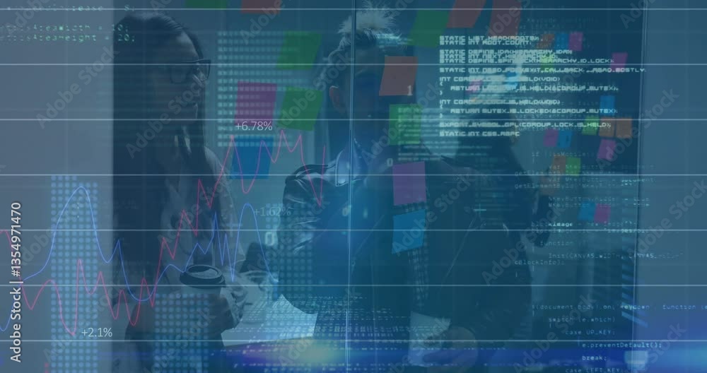 Poster analyzing data with graphs and animation, business professionals working in office