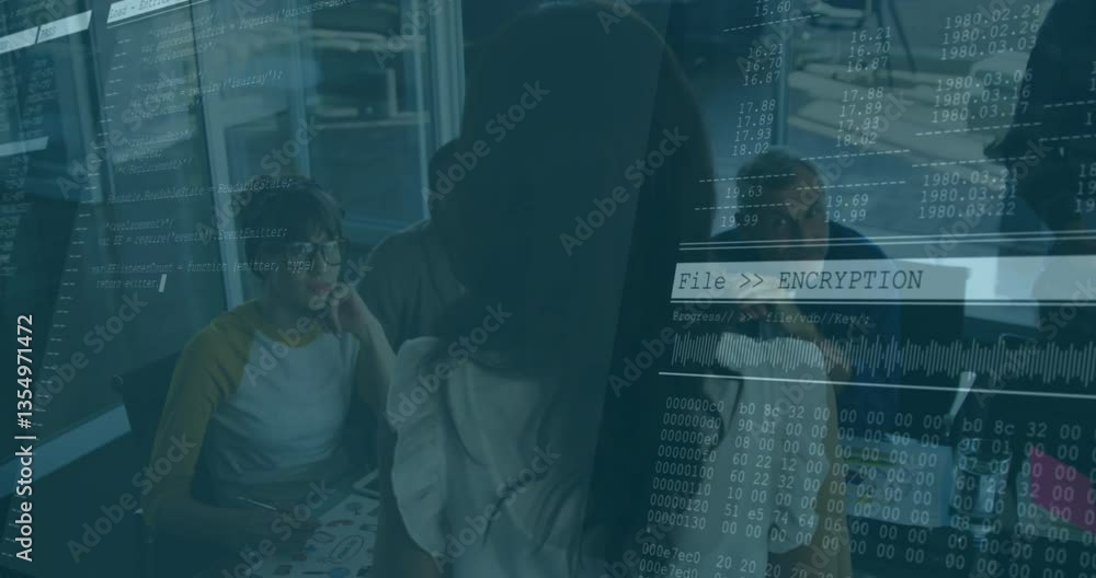 Aufkleber people collaborating in office with encryption data processing animation overlay