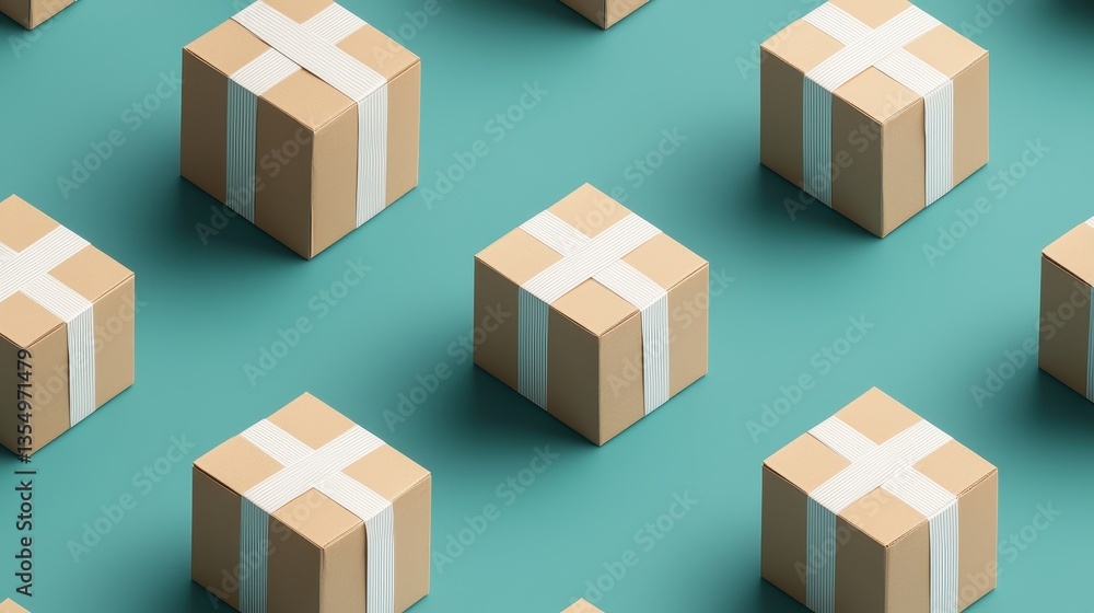 Poster a pattern of cardboard boxes with white tape arranged on a teal background, creating a visually appe