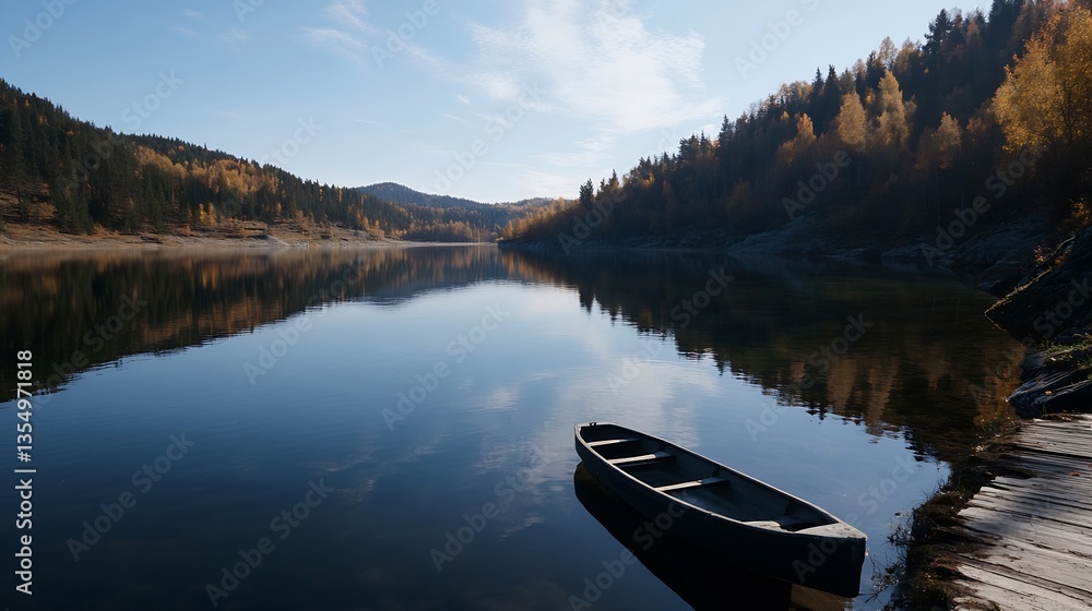 Poster serene nature landscape featuring a calm lake with a wooden boat splashing reflection : generative a