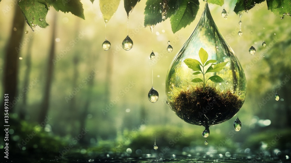 Aufkleber a serene dewdrop hanging from a tree branch, with a seedling encased within it. this macro image hig