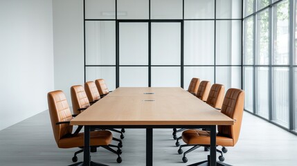 A modern conference room featuring a large wooden table and leather chairs, illuminated by natural light from large windows.