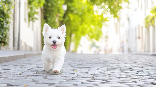 Joyful Puppy's Stroll: A small, fluffy white puppy strides cheerfully towards the viewer along a charming cobblestone pathway. The scene is filled with a sense of happiness and pure joy.