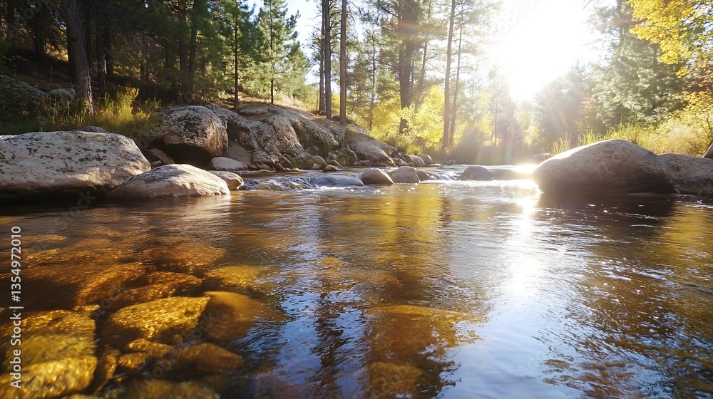 Aufkleber Serene image of a tranquil river flowing through sunlightdrenched forest with reflections on water surface : Generative AI