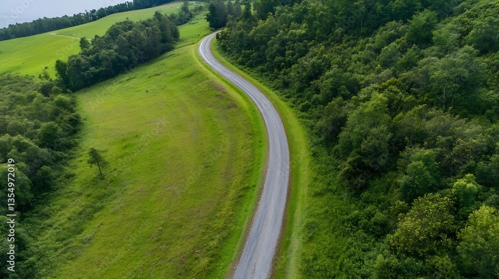 Poster aerial view of a winding country road surrounded by lush green fields and forests : generative ai