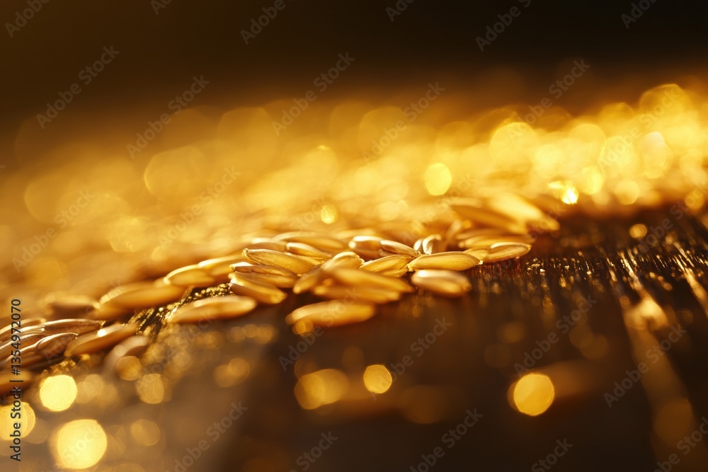 Aufkleber close-up of golden wheat grains on rustic wooden table with warm lighting and soft reflections showc