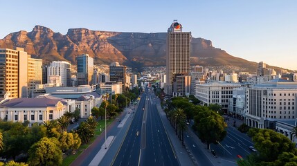 Obraz premium Vibrant cityscape of Cape Town with Table Mountain and colorful buildings bathed in golden sunlight : Generative AI