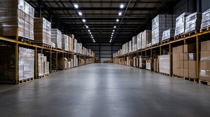 Warehouse interior featuring organized storage with stacked pallets and goods : Generative AI