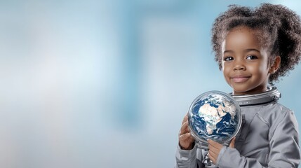 A young visionary child holding earth: A young African-American girl, dressed in a futuristic astronaut outfit, lovingly cradles a miniature globe, symbolizing her care for planet earth.