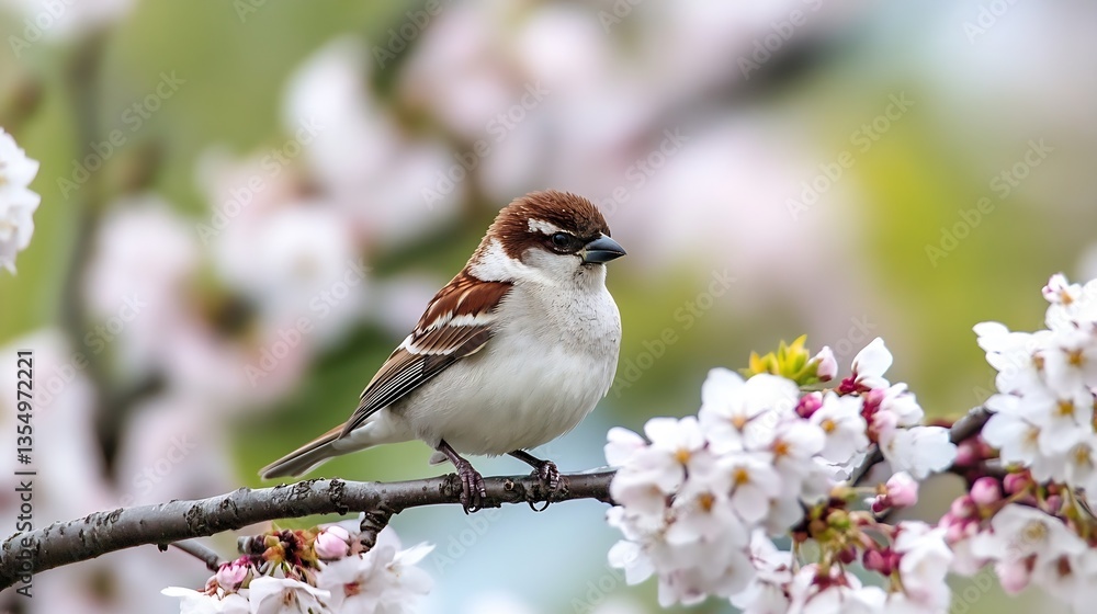 Poster beautiful sparrow perched on a blooming cherry blossom branch in a serene garden setting : generativ