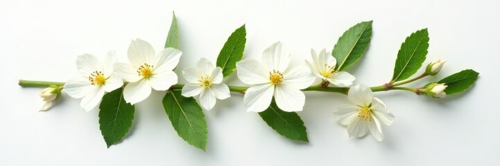 Fototapeta premium Pressed and dried white flowers in a green branch isolated on white paper, greenery, delicate petals