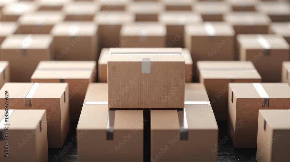 Poster a close-up view of numerous cardboard boxes arranged in a grid, emphasizing one central box with a d