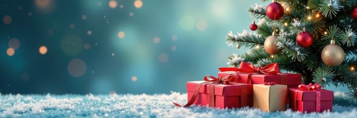 Presents and boxes on a frosted glass Christmas tree, tree, ribbons, wrapping paper