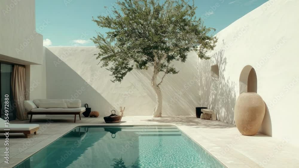 Poster aerial view of a minimalist courtyard with a pool, modern furniture, and a tree, creating a serene v