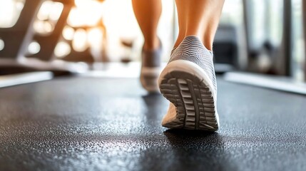 Close up shot of feet in athletic shoes walking on a treadmill in a bright gym environment : Generative AI