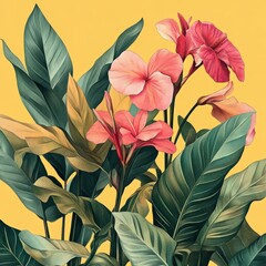 Tropical plants in digital illustration, rich green tones and pink blooms, warm yellow backdrop, smooth textures, clean modern design, symmetrical layout, and a lively aesthetic.