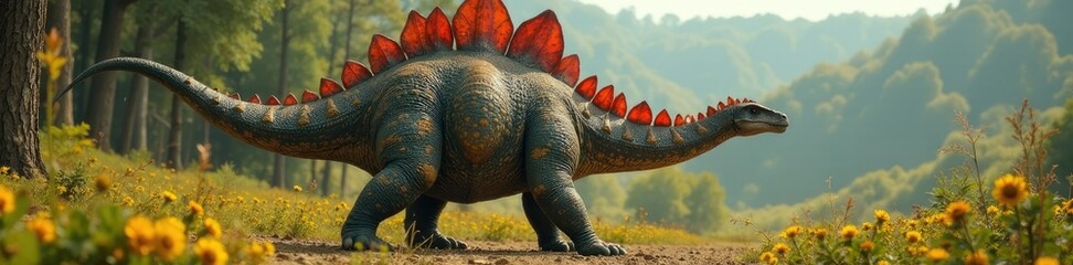 Fototapeta premium Prehistoric Stegosaurus with a long neck and plates on its back, wilderness, stegosaurus