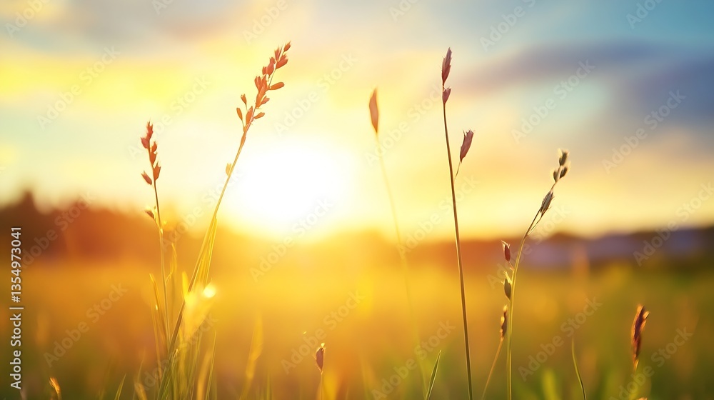 Fototapete beautiful sunlit field filled with tall grasses illuminated by the warm glow of sunset creating a se