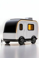 Sleek, modern camper trailer with illuminated accents, isolated on white