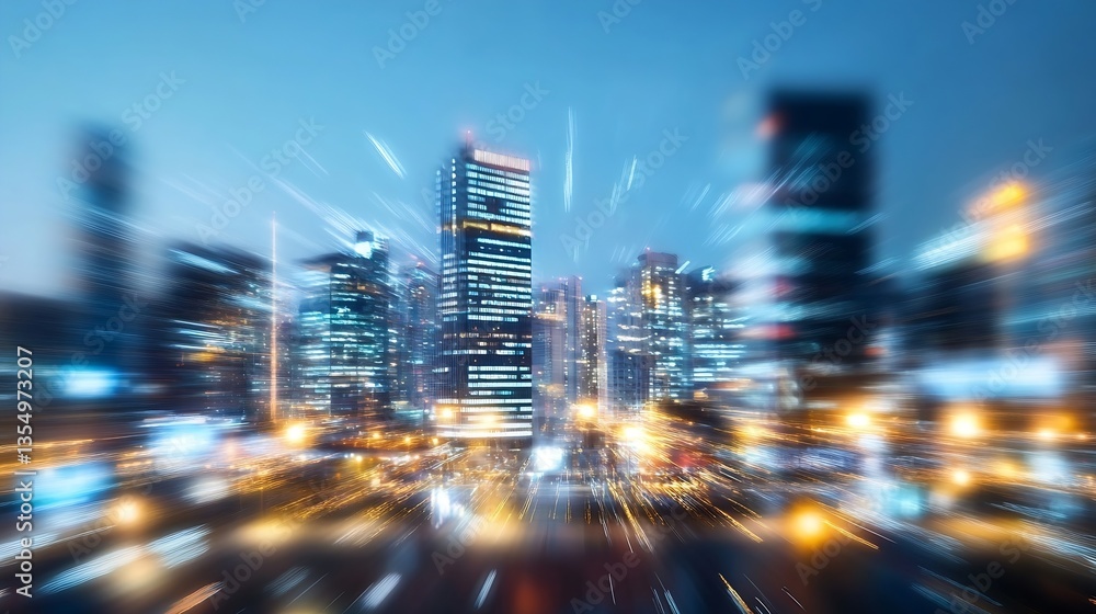 Poster stunning blurred cityscape at night featuring dazzling lights and illuminated skyscrapers in a vibra