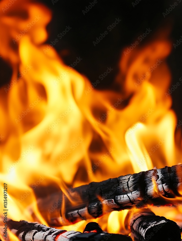 Aufkleber Dramatic closeup of vibrant flames consuming charred logs in a mesmerizing display of fire : Generative AI