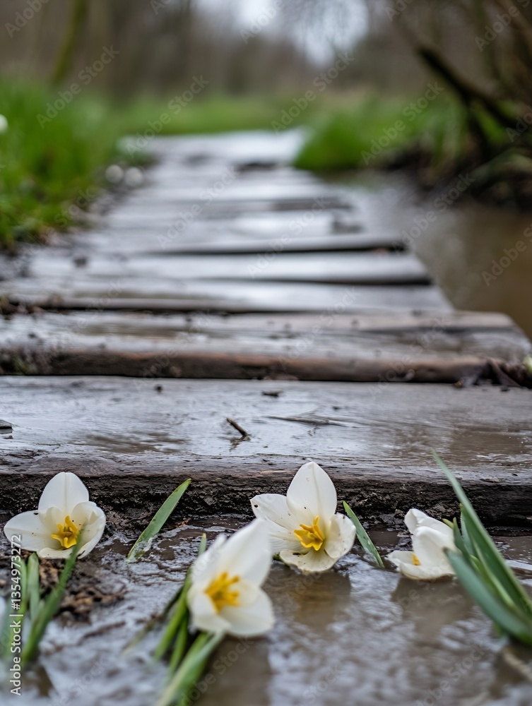 Poster a serene stream lined with wooden planks and white flowers blossoming in the water : generative ai