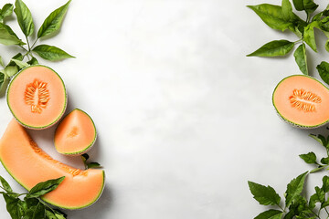Sliced cantaloupe melon with leaves on marble background