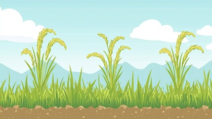 Obraz premium Vibrant Rice Field with Lush Green Grass and Scenic Mountain View