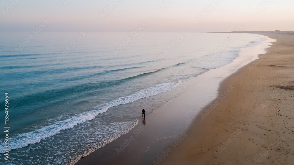 Aufkleber person walking along a serene beach at sunset reflecting calm waves and tranquil atmosphere : genera