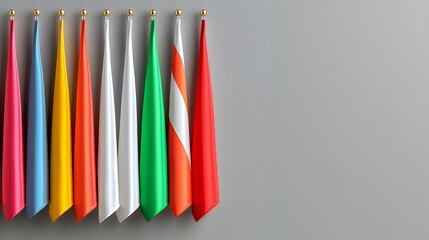 Fototapeta premium Colorful Flags Hanging Displayed on a Wall with Golden Rods