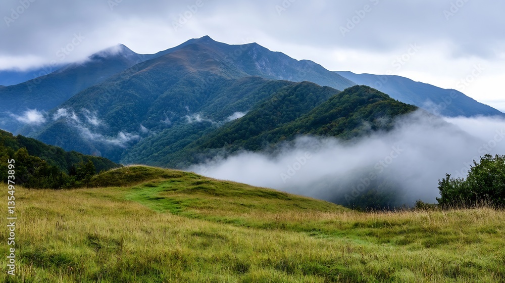Poster scenic view of mountains with lush greenery and misty clouds drifting over the valley under a cloudy