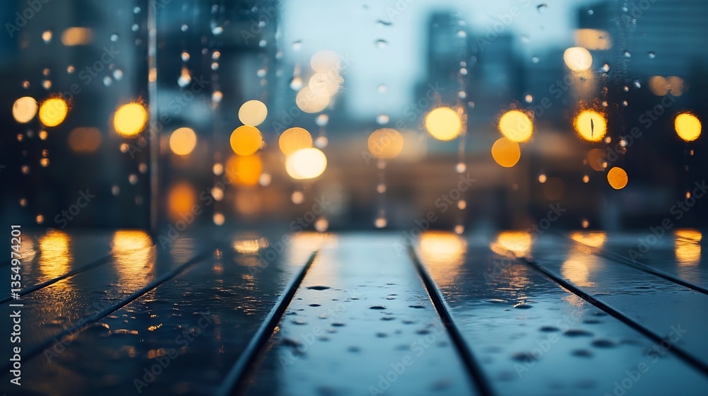 Poster raindrops on window pane with blurred city lights creating a hauntingly beautiful scene : generative