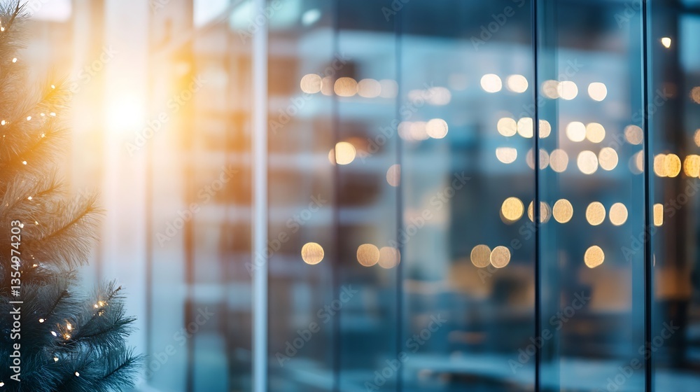 Fototapete abstract view of modern office windows reflecting sunlight with a hint of winter greenery : generati