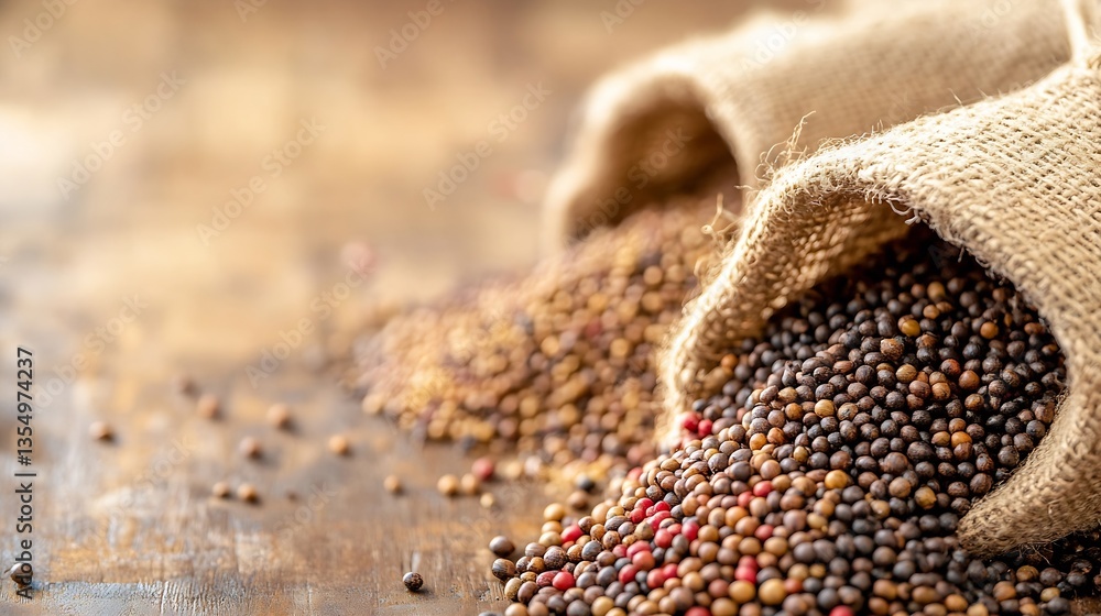 Poster various colorful mustard seeds spilling from burlap sacks on a rustic wooden surface : generative ai