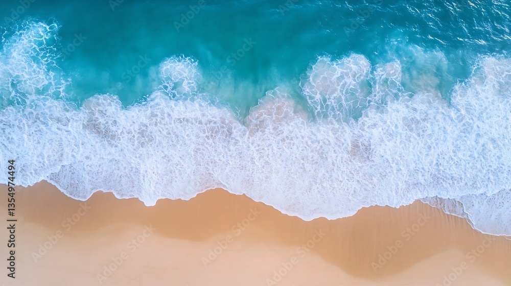 Poster stunning aerial view of turquoise ocean waves crashing on a sandy beach creating a picturesque scene