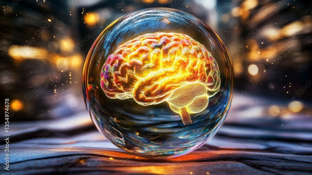 Poster a digital brain in a glass sphere, glowing with vibrant colors, symbolizing artificial intelligence 