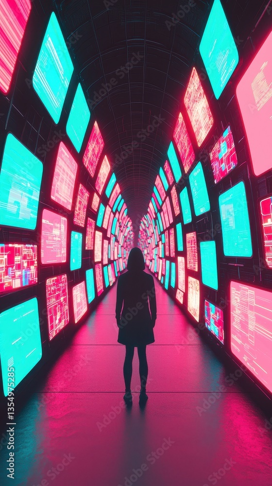 Aufkleber a figure stands in a futuristic corridor filled with glowing screens displaying vibrant data pattern