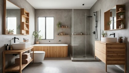 Fototapeta premium Modern Minimalist Bathroom Design with Wood Accents, Plants, and Gray Walls Creates a Spa-like Experience