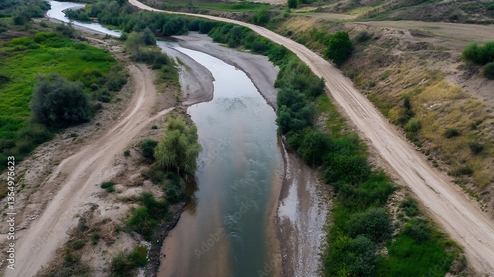 Aufkleber aerial view of winding river surrounded by lush greenery and dirt paths under a bright sky : generat