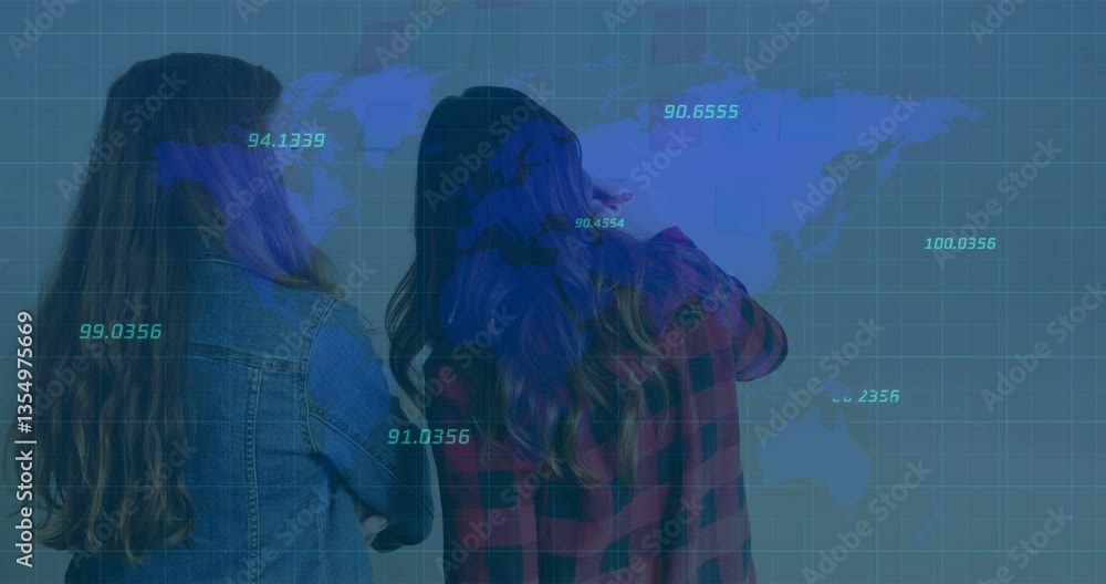 Poster looking at world map with data points, two people discussing animation